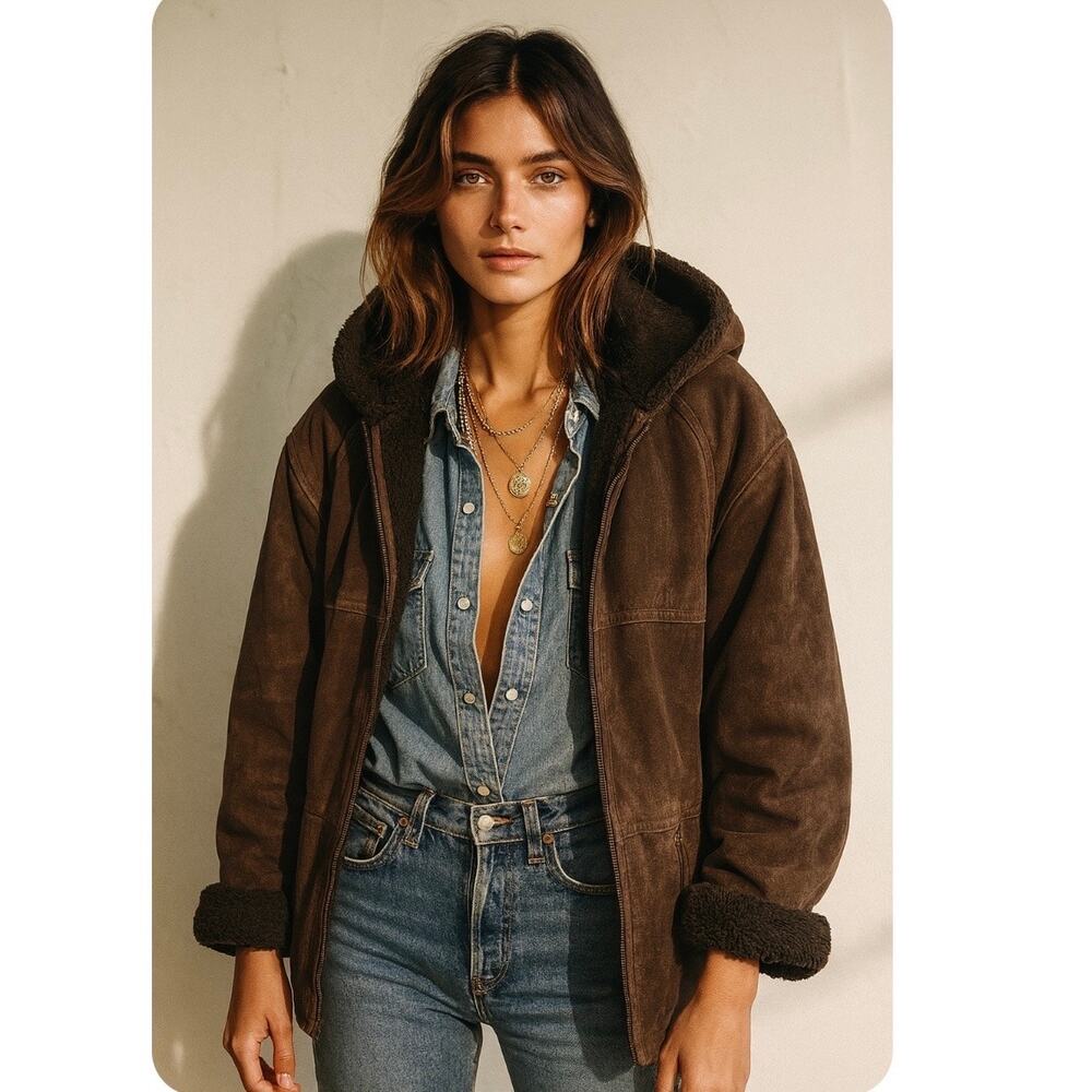 Vintage Chocolate Brown Suede And Faux Shearling Hooded Oversized  Coat Boho